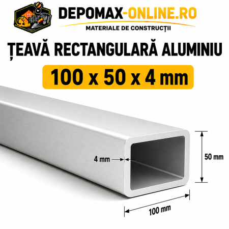 Teava rectangulara aluminiu 100 x 50 x 4 mm, 6 metri (EN AW-6060)